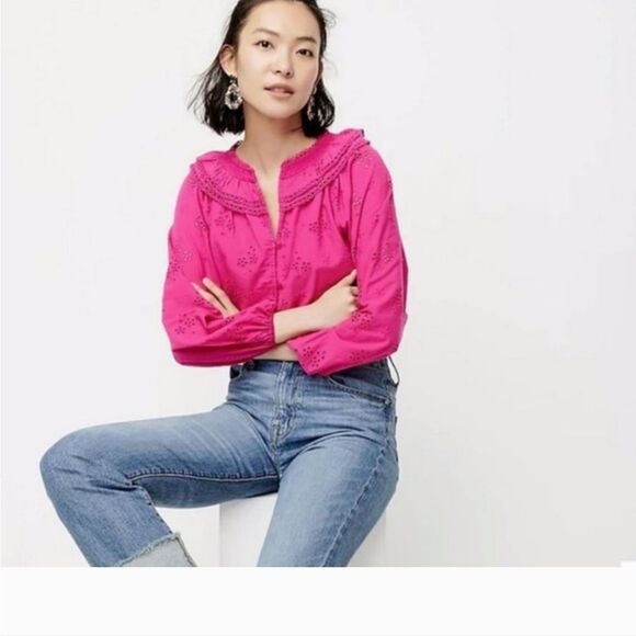 Jcrew pink button-front eyelet peasant top 100% cotton lined size M - Picture 10 of 11